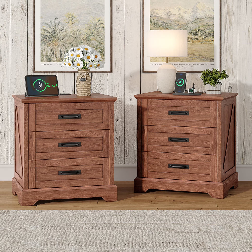 Farmhouse Nightstand Set of 2, 22 inch Side Table with Charging Station for Bedroom, 2PCS, White