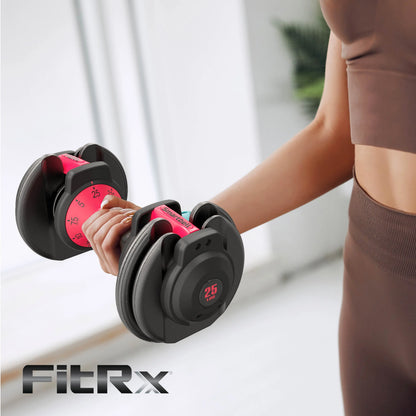 FitRx Adjustable Dumbbells 2-Pack, 25lb SmartBell Dumbbell Set with 9-in-1 Quick-Select Weights, 2.5lb Increments for Home Gym