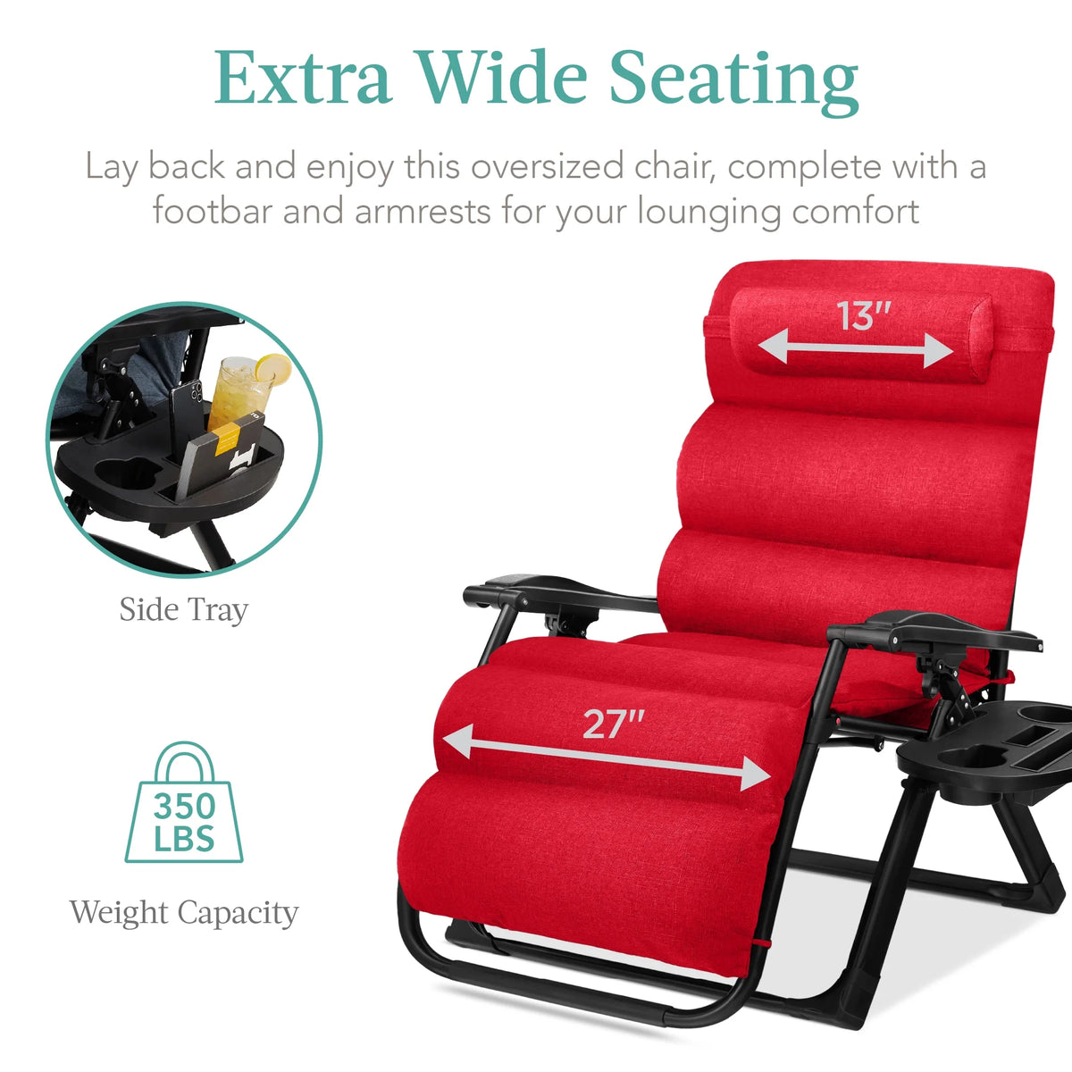 Best Choice Products Oversized Zero Gravity Chair, Folding Recliner w/ Removable Cushion, Side Tray - Fossil Gray