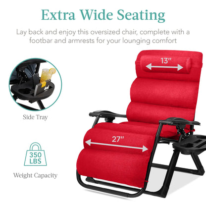 Best Choice Products Oversized Zero Gravity Chair, Folding Recliner w/ Removable Cushion, Side Tray - Fossil Gray