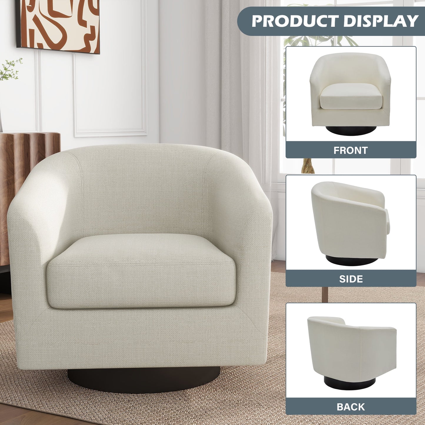UIXE Swivel Accent Chair, Upholstered Fabric Barrel Chair for Living Room, Small Single Sofa Bedroom Reading Seat, Light Gray