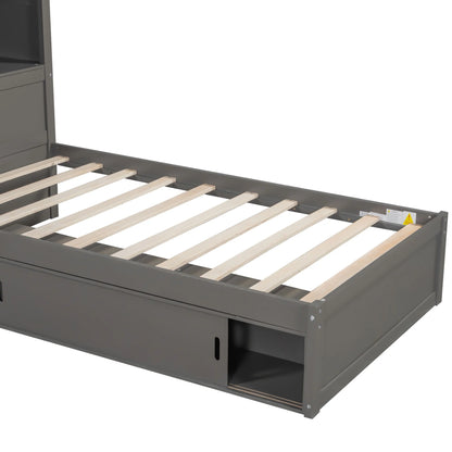 Euroco Pine Wood L-Shaped Twin Platform Bed with Storage Desk, Cabinets, Trundle and LED Light for Kids Teens, Gray