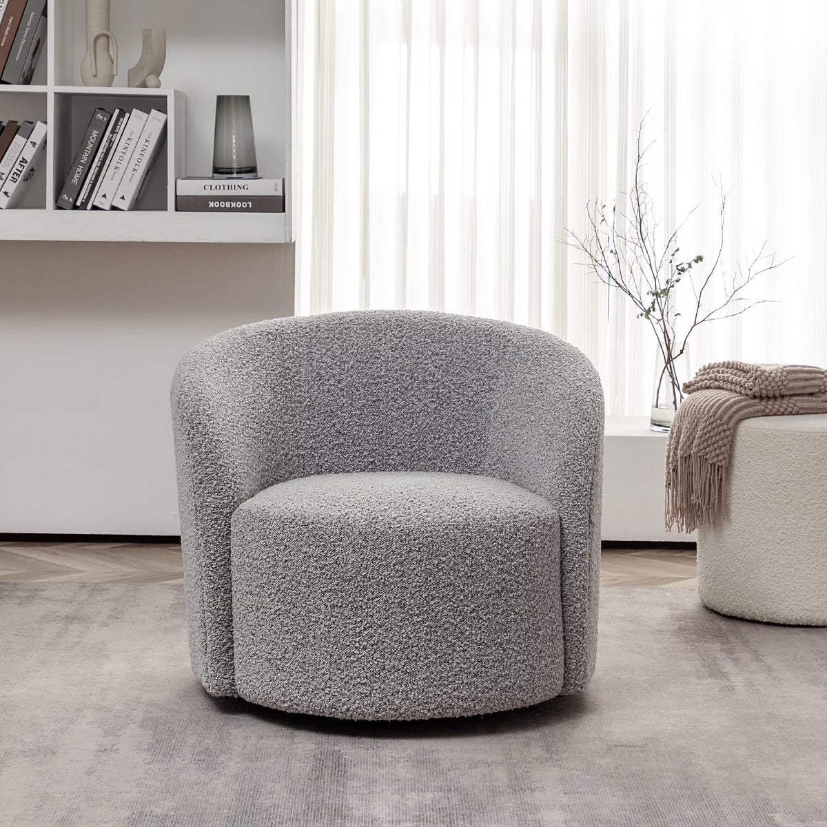 34" W Mid Century Modern Swivel Barrel Chair, Round Upholstered Boucle Swivel Accent Chairs, No Assembly Sofa Chair for Living Room Bedroom Reading Apartment Lounge Nursery(Cream)