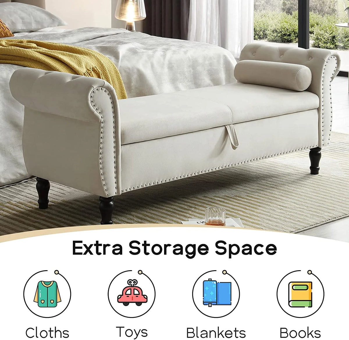 Sumdeal 43.5" Storage Ottoman Bench with 250lb Seating, Linen Upholstered Wood Legs Safety Hinge Flip Top Oval Foot Rest Long Stool for Sofa Couch Bedroom End of Bed Living Room Entryway, White