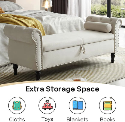 Sumdeal 43.5" Storage Ottoman Bench with 250lb Seating, Linen Upholstered Wood Legs Safety Hinge Flip Top Oval Foot Rest Long Stool for Sofa Couch Bedroom End of Bed Living Room Entryway, White