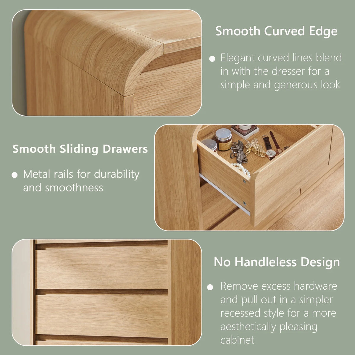 wow97e Modern 8 Drawers Dresser for Bedroom, 55" Wide Wood Chest of Drawers w/Curved Profile Design, for Bedroom, Living Room, Natural Oak