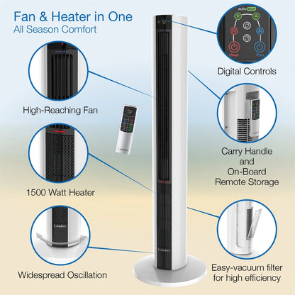 Lasko 42" 1500W All Season Tower Fan & Space Heater with Timer and Remote, White, FH500