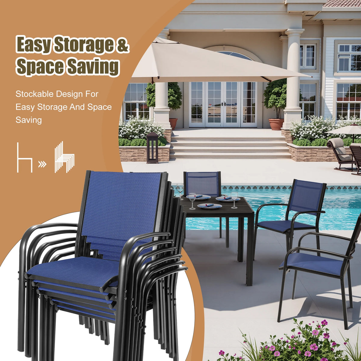 7 Piece Outdoor Dining Set, Patio Dining Table Set for 6 Persons, Garden Patio Textilene Dining Furniture Set with Plastic-Wood Tabletop, Dining Table Chairs Conversation Set for Deck Patio