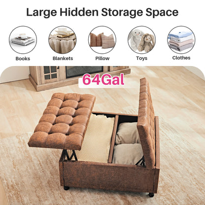 Redlife 35 Inch Large Square Storage Ottoman Bench, Storage Ottoman Coffee Table Large Square Ottoman with Storage Lift Top Tufted Storage Ottoman for Living Room (Brown Leathaire)