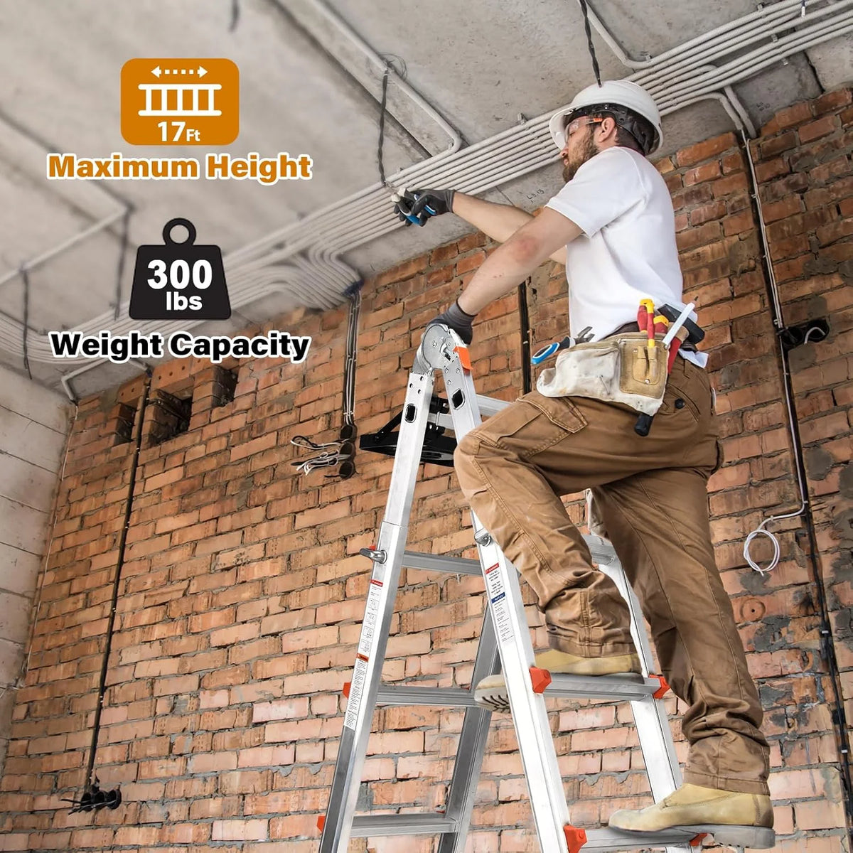HBTower Ladder, A Frame 4 Step Extension Ladder, 14 Ft Multi Position Ladder with Removable Tool Tray and Stabilizer Bar, 330 lbs Capacity Telescoping Ladder for Household and Outdoor Work