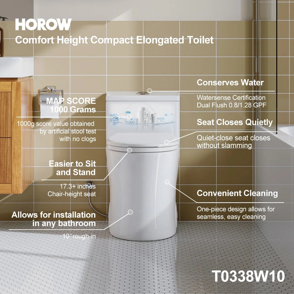 HOROW Compact One Piece Toilet with Comfort Seat ADA Height 17.3" Elongated Dual Flush 0.8/1.28 GPF
