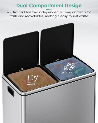 LAZY BUDDY Dual Garbage Can, Stainless Steel 16 Gallon Step Kitchen Trash Can with Soft-Close Lid, Double Compartment Garbage Recycling Bin