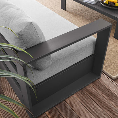 Lounge Sofa Table Set, Grey Gray, Aluminum, Metal, Fabric, Modern Contemporary, Outdoor Patio Balcony Cafe Bistro Garden Furniture Hotel Hospitality