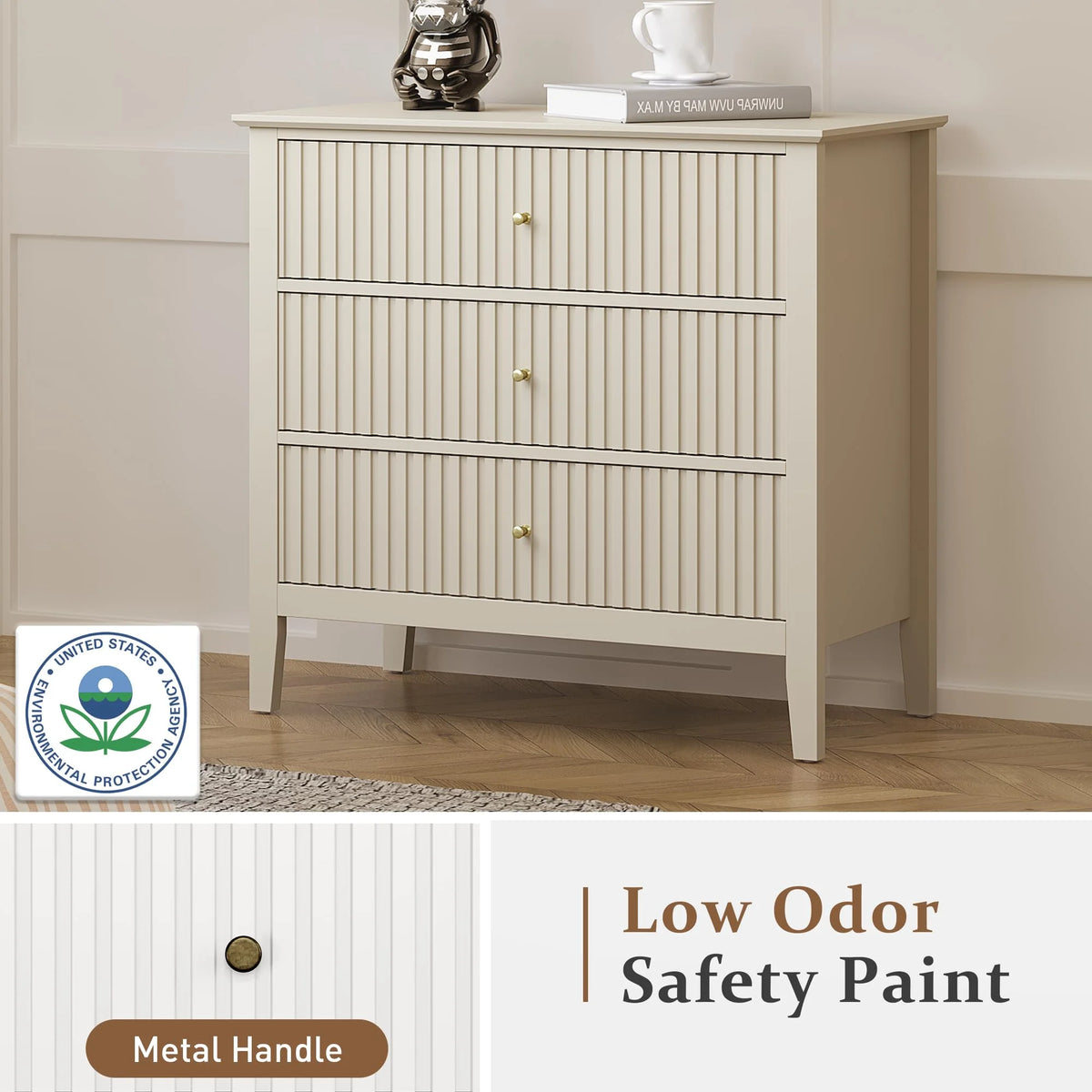 May Color Large White 3 Drawer Dresser Set of 2 with Fluted Panel, Modern Chest of Drawers with Silent Slide Drawers, Wood Accent Nightstand with Storage for Bedroom Living Room, Hallway