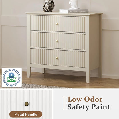 May Color Large White 3 Drawer Dresser Set of 2 with Fluted Panel, Modern Chest of Drawers with Silent Slide Drawers, Wood Accent Nightstand with Storage for Bedroom Living Room, Hallway