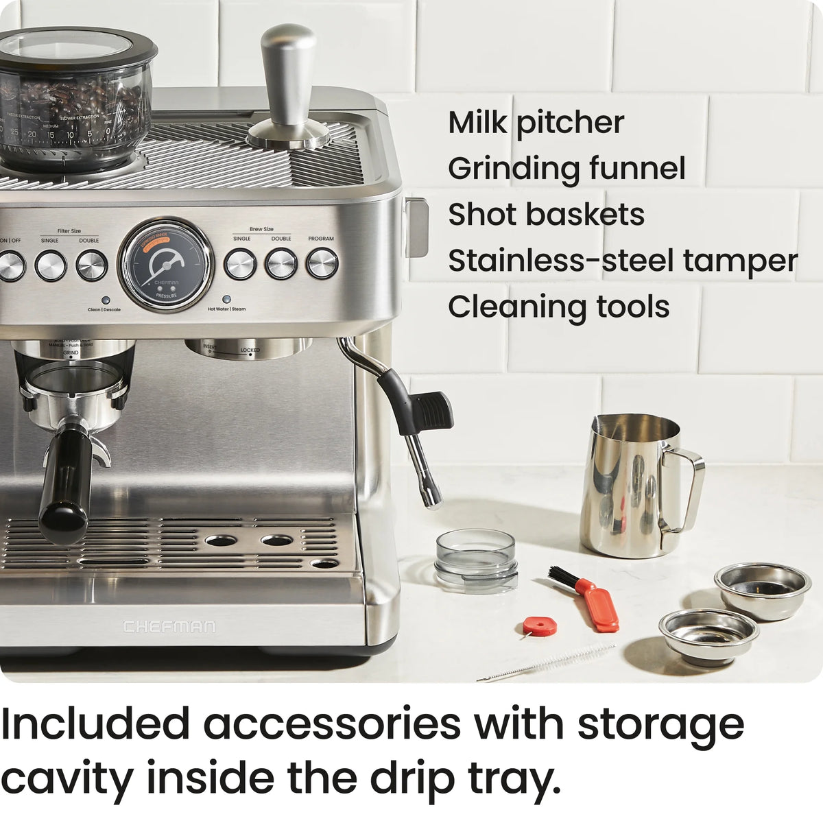 Chefman Crema Supreme Espresso Machine with Conical Burr Grinder and Steam Wand a?? Stainless Steel, New