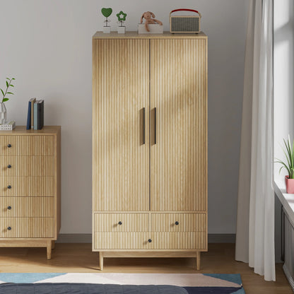 Oubayajia Wardrobe Armoire Closet, 2 Fluted Doors Wardrobe Cabinet with 3-Drawer and Hanging Rod, Wood Wardrobe Storage for Bedroom