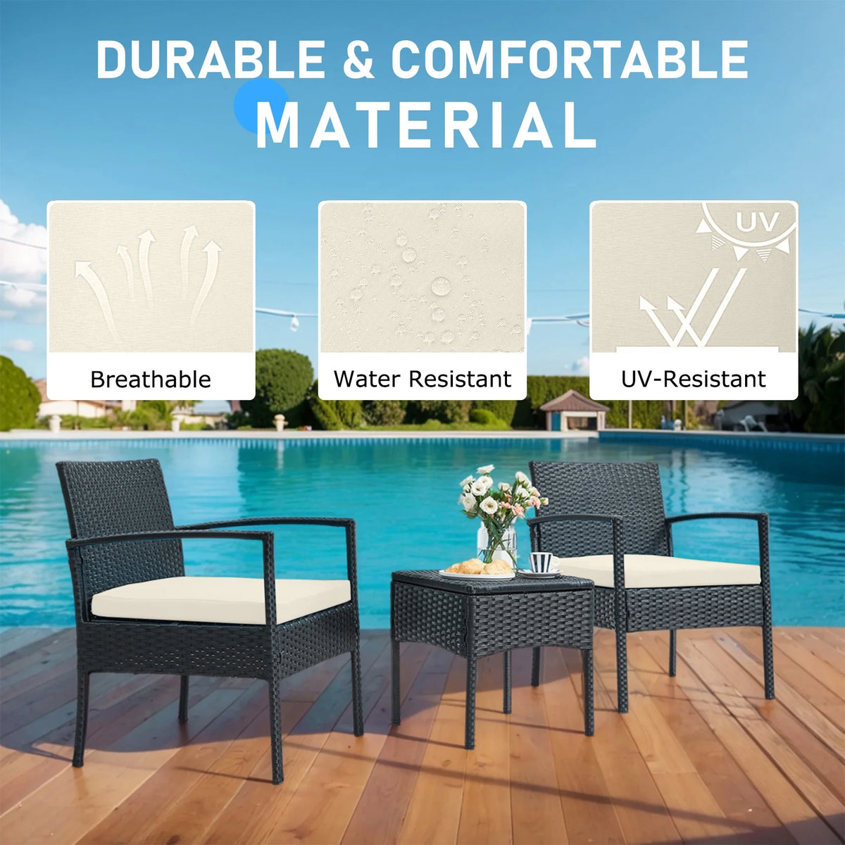 Tappio Outdoor Furniture 3 Piece Patio Bistro Furniture Set, Rattan Conversation Chairs Set with Side Table and Cushions, Patio Furniture Sets for Balcony Garden Porch, Red