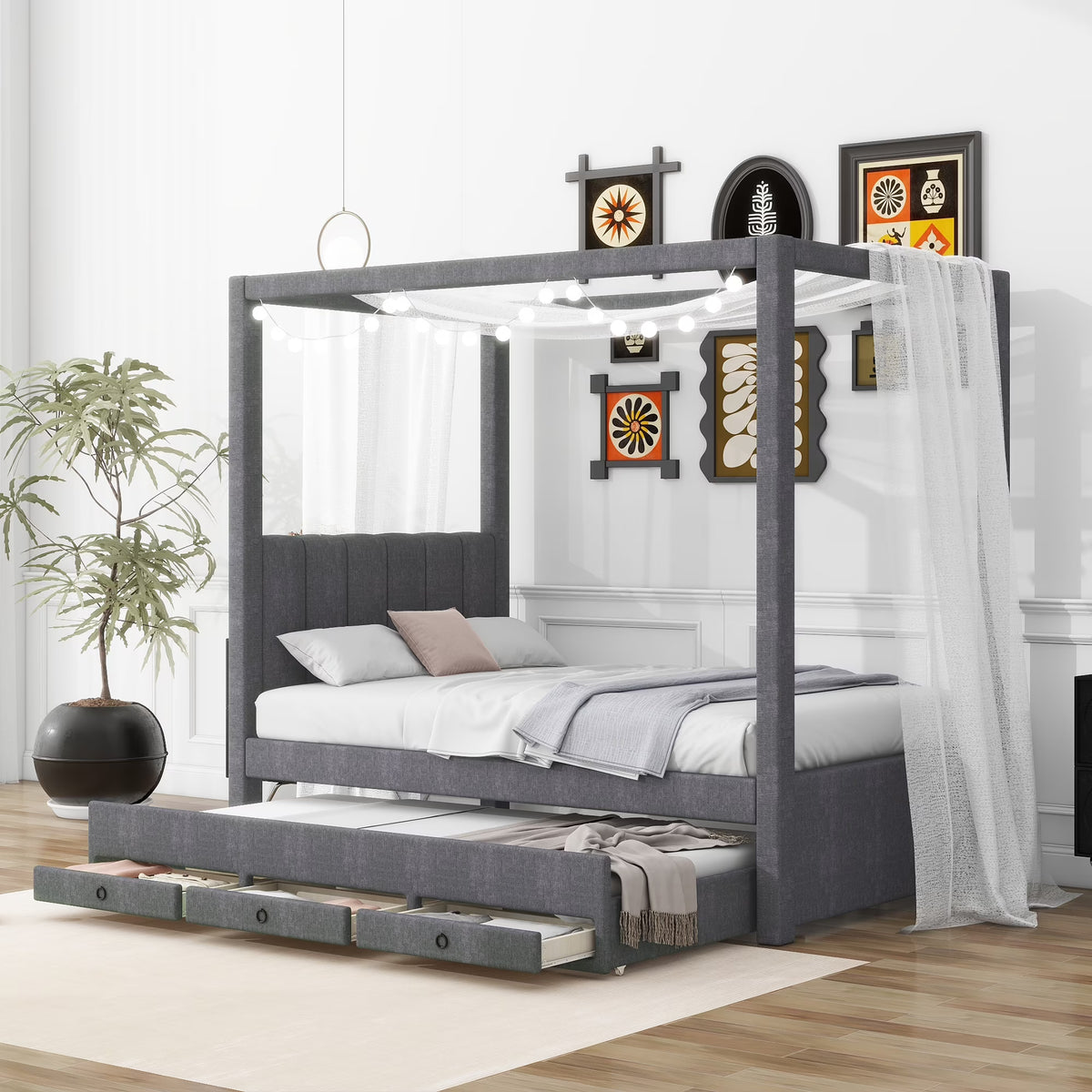 Harper & Bright Designs Twin Size Upholstery Canopy Platform Bed with Trundle and 3 Storage Drawers, Captain Platform Bed Frame with 4-Poster Canopy Roof, Beige