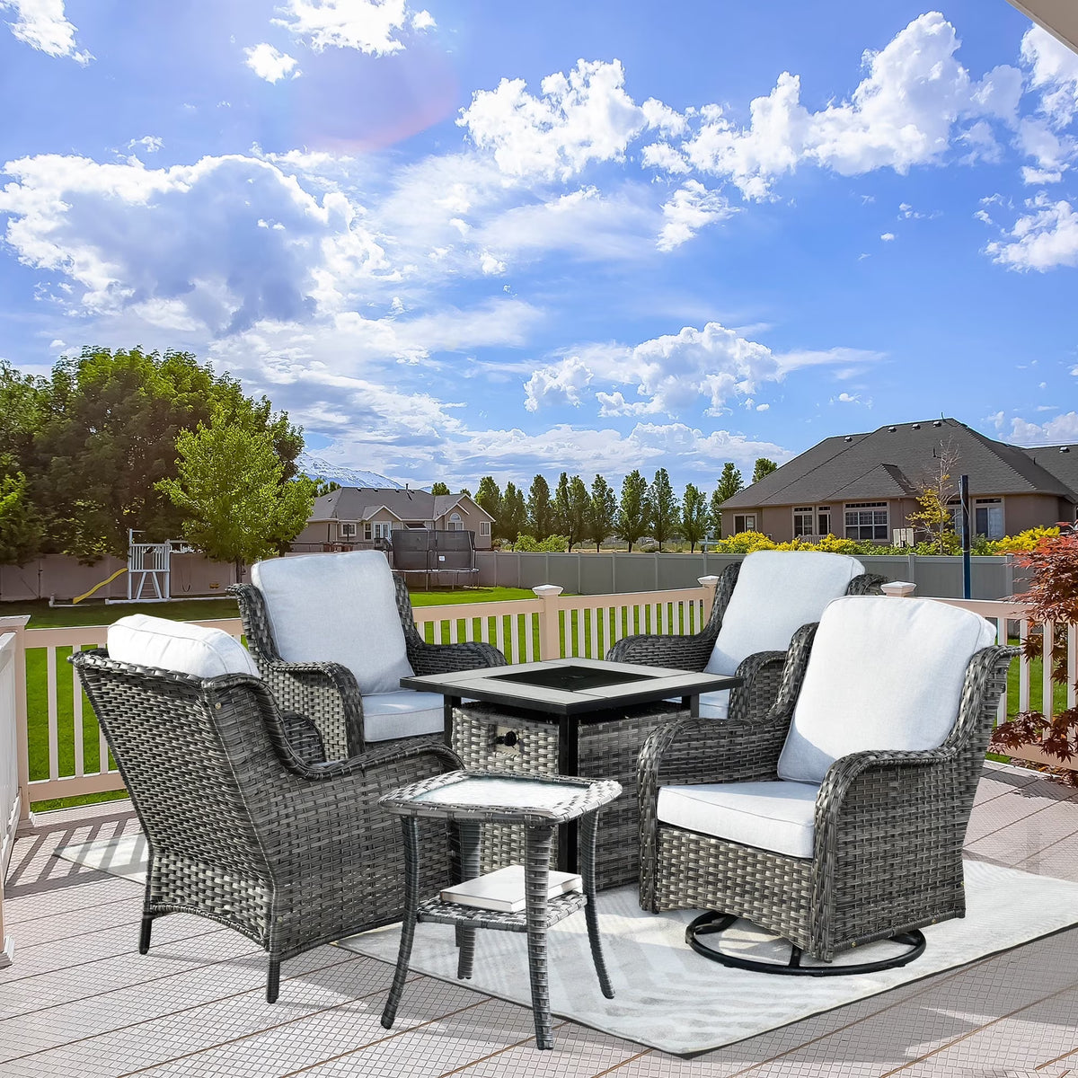 Ovios 6 Pieces Outdoor Furniture with CSA Fire Pit All Weather Wicker Patio Conversation Set with Single Chair for Porch