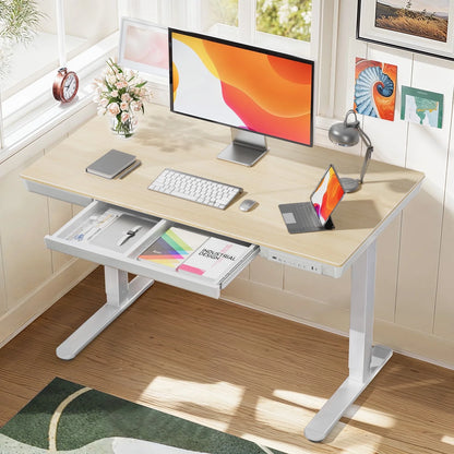CHITOOMA Glass Top Electric Standing Desk with Drawer, 48'' x 24'' Electric Height Adjustable Desk with USB Charging Ports, Sit Stand up for Home Office