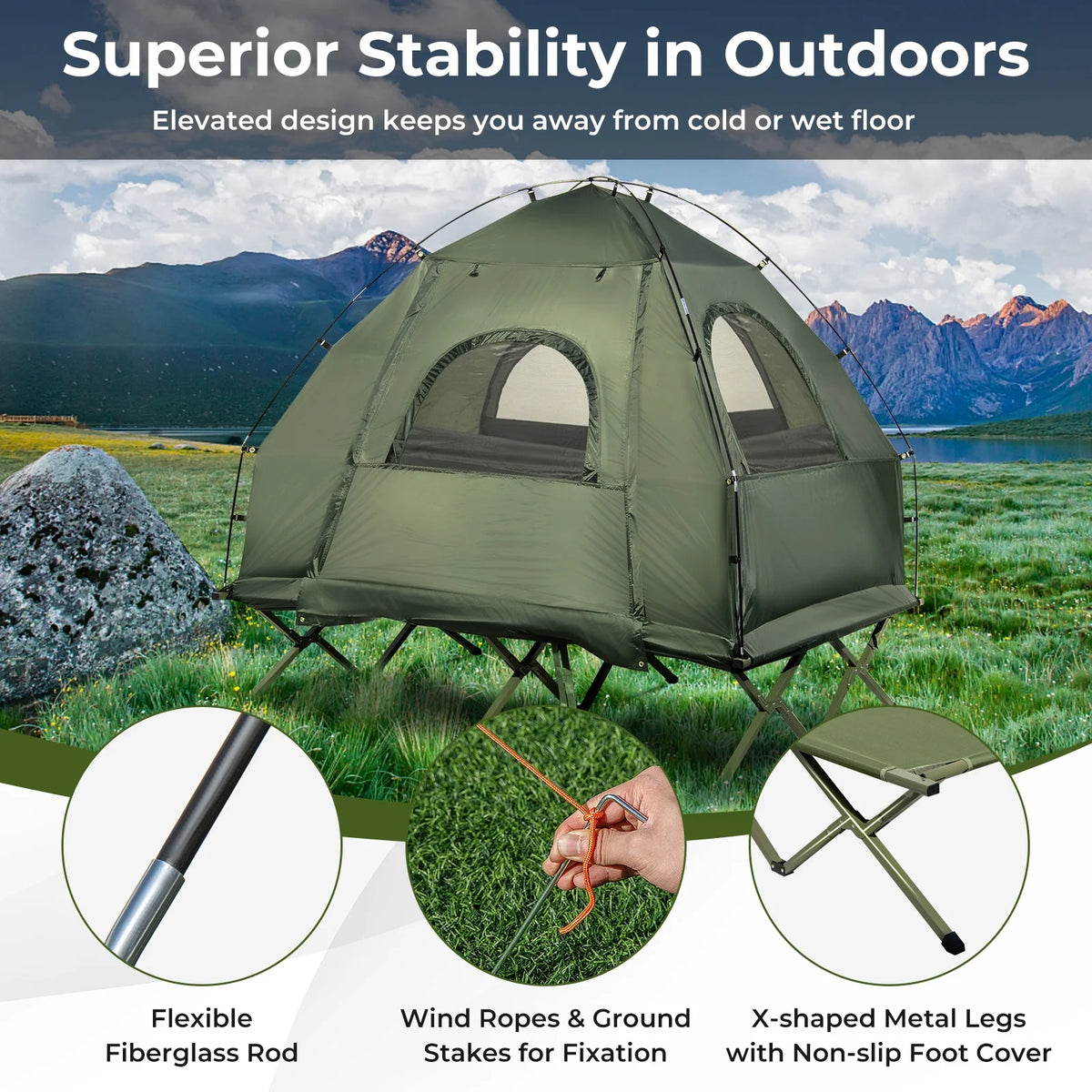 Patiojoy Folding 2-Person Camping Tent Cot Portable Pop-Up Tent with Sleeping Bag&Air Mattress for Outdoor Activity