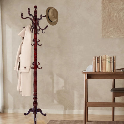 Coat Rack Freestanding, Hall Tree with 11 Hooks, Heavy Duty Wooden Coat Tree Stand, Adjustable Height, Sturdy Base for Bedroom Hallway Office - Load 270lbs