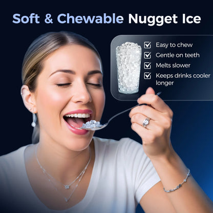 Simzlife Nugget Ice Maker Countertop, 44.9lbs per Day Chewable Pebble Nugget Ice Machine with Touch Screen for Home, Kitchen, Office, Stainless Steel, Black