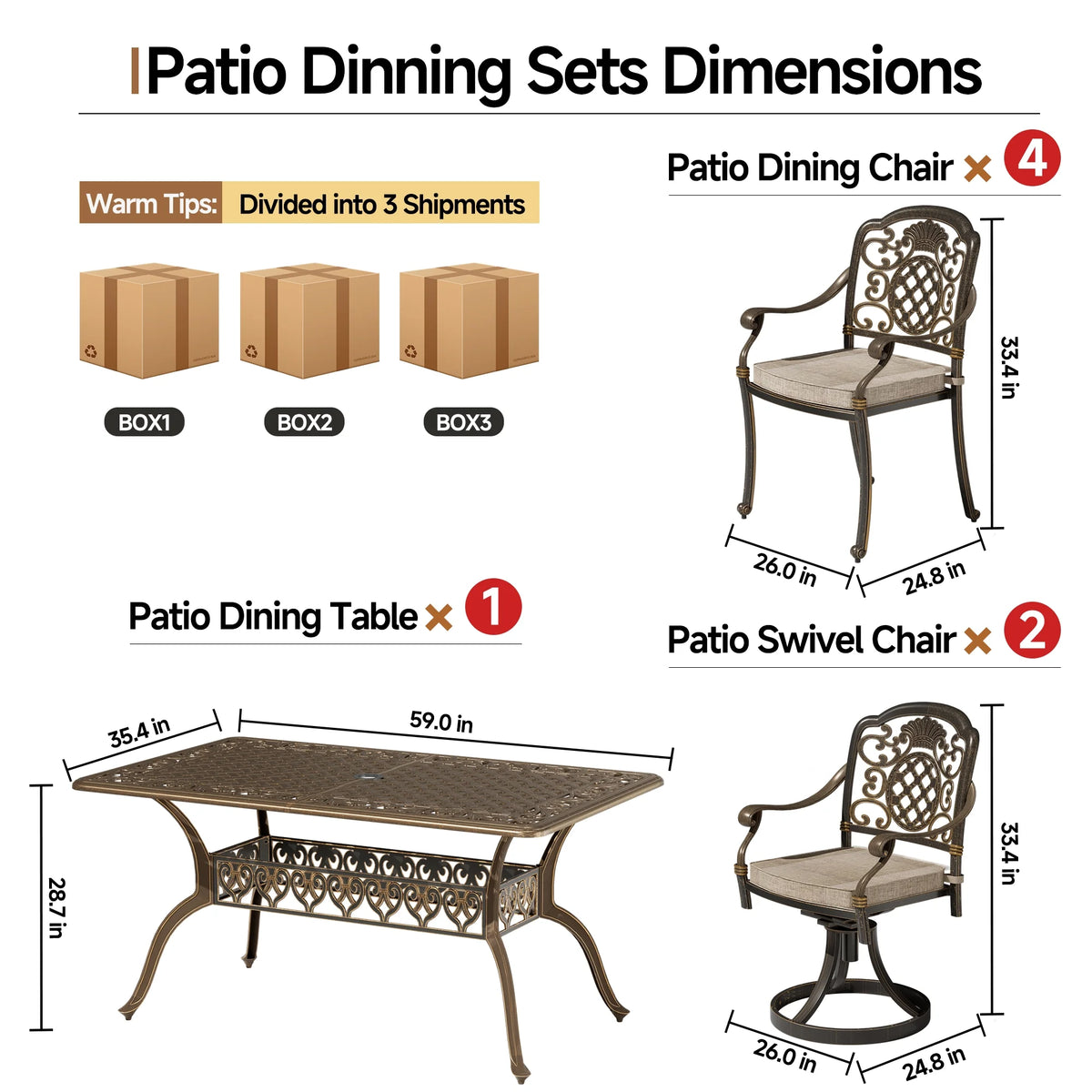 7-Piece Patio Furniture Dining Set, All-Weather Cast Aluminum Outdoor Table and Chairs for 6, Includes 4 Dining Chair & 2 Swivel Chairs & 60���� Rectangular Table, Beige