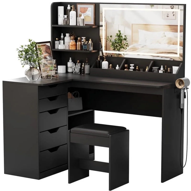 Furmax L Shaped Vanity Desk Set Corner Makeup Vanity Set with Adjustable LED Lighted Mirror & Power Outlets Dressing Table with Organizers, and Cushioned Stool, White