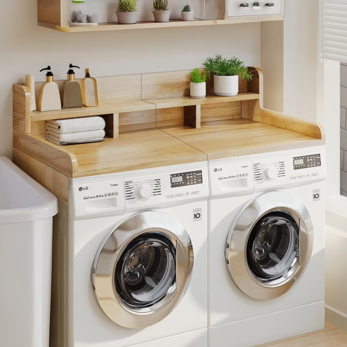 Wood 2-Tier Washer Dryer Countertop with Edge Rails, 54" W x 27.5" D Washer and Dryer Topper for Laundry Room Organization and Storage, Walnut