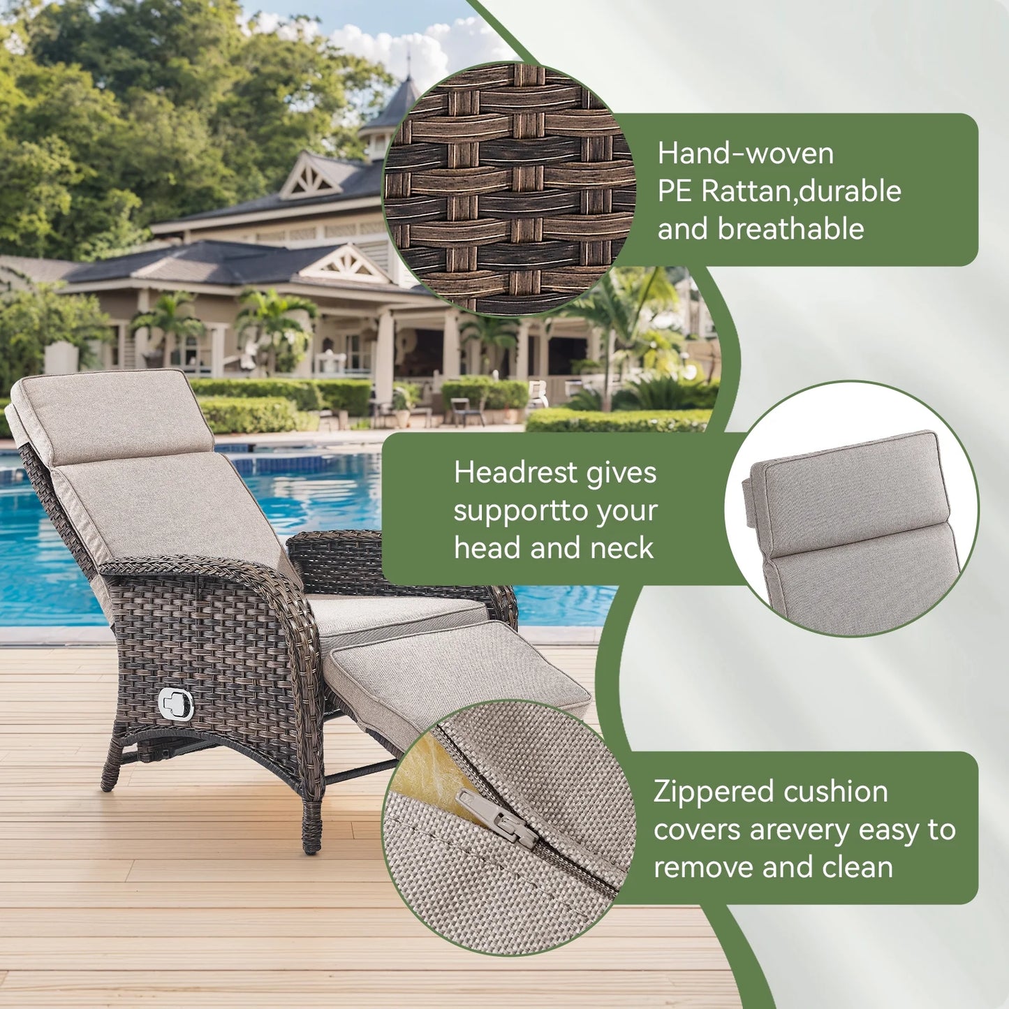 OPOHORO Outdoor Recliner Chair, Adjustable Reclining Patio Chair with Cushion, Wicker Outdoor Chaise Lounge with Adjustable Backrest and Footrest, Ideal for Pool Deck, Beige