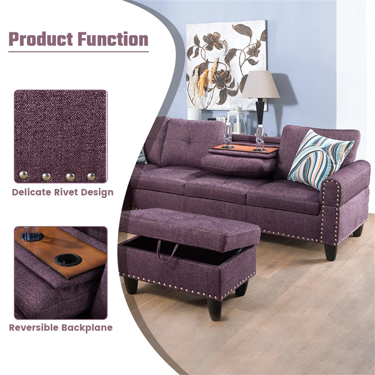 Aukfa 3 Piece Sectional Sofa, Living Room Couch with Storage Ottoman&Cup Holder, Linen, Right Hand, Purple