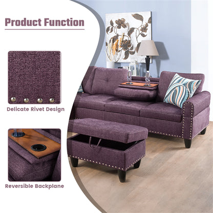 Aukfa 3 Piece Sectional Sofa, Living Room Couch with Storage Ottoman&Cup Holder, Linen, Right Hand, Purple