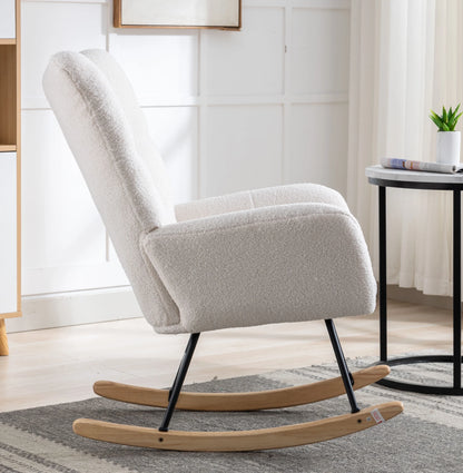 Rocking Chair Nursery,Teddy Upholstered Glider Rocker with High Backrest,Modern Rocking Accent Chairs Glider Recliner for Living Room, Nursery, Bedroom,White
