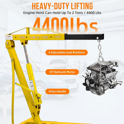GARVEE 2 Ton Folding Hydraulic Engine Hoist with Lever,Folding Engine Shop Crane Hoist Lift,Heavy Cherry Picker with 6 Wheels for Garage,Workshop,Yellow