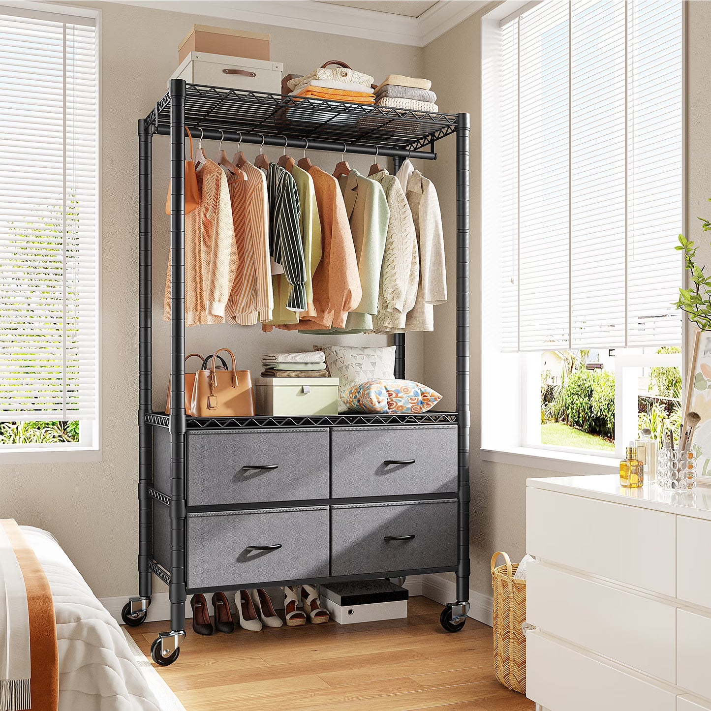 71" H Clothes Rack with Fabric Drawers, Freestanding Garment Rack with Metal Wire Shelf, Pink