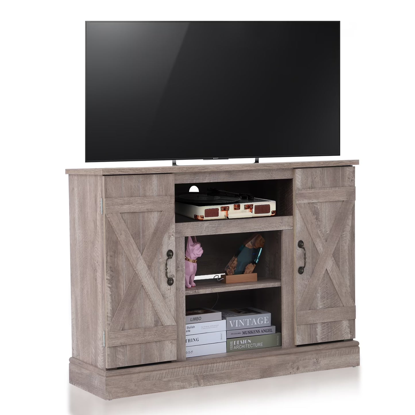 TV Stand for 65 Inch TV, Entertainment Center with Two Glass Barn Doors and Storage Cabinet Table, Farmhouse Style Media Console Table for Living Room(Coffee)