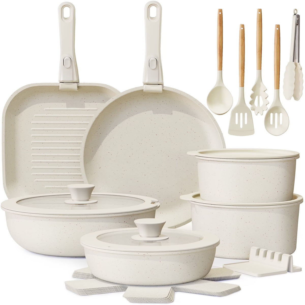 Astercook 22 Piece Ceramic Pots and Pans Set Non Stick,  Cookware Set with Detachable Handles, Oven Safe, Induction Ready, Stackable RV Kitchen Cooking Set, Cream White