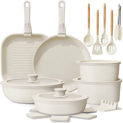 Astercook 22 Piece Ceramic Pots and Pans Set Non Stick,  Cookware Set with Detachable Handles, Oven Safe, Induction Ready, Stackable RV Kitchen Cooking Set, Cream White