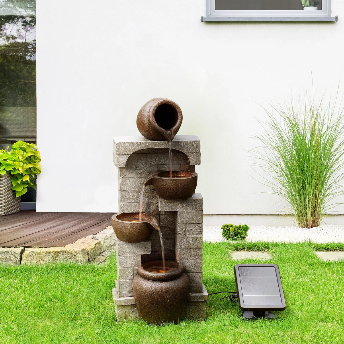 Teamson Home 28.5" Solar Powered 4-Tier Cascading Bowls & Stacked Stones Garden Water Fountain with LED Lights, Brown