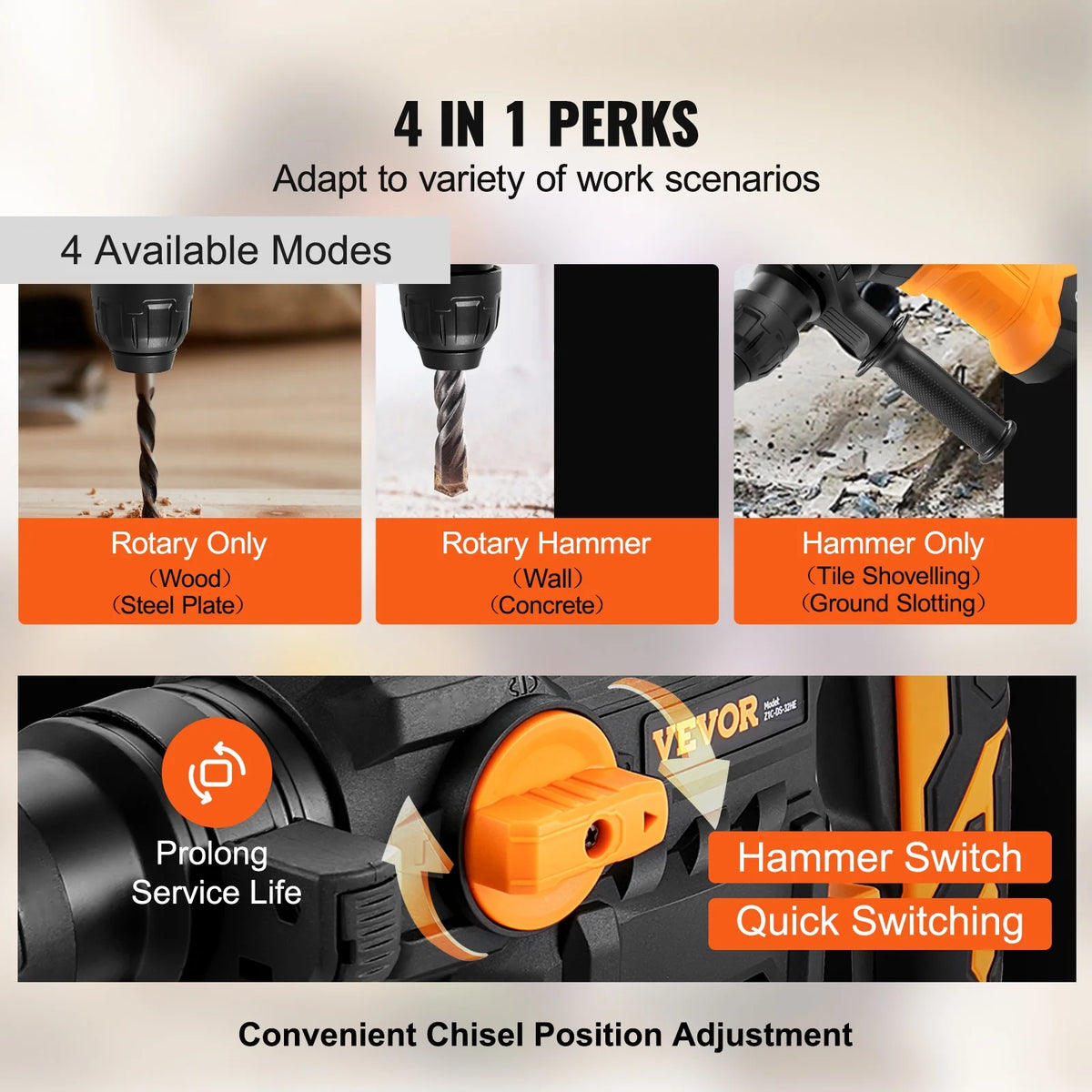 VEVOR 1-1/4inch SDS-Plus Rotary Hammer Drill, 13 Amp Corded Drills, Heavy Duty Chipping Hammers w/Vibration Control & Safety Clutch, Electric Demolition Hammers Variable Speed, Power Tool For Concrete