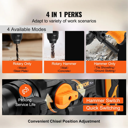 VEVOR 1-1/4inch SDS-Plus Rotary Hammer Drill, 13 Amp Corded Drills, Heavy Duty Chipping Hammers w/Vibration Control & Safety Clutch, Electric Demolition Hammers Variable Speed, Power Tool For Concrete