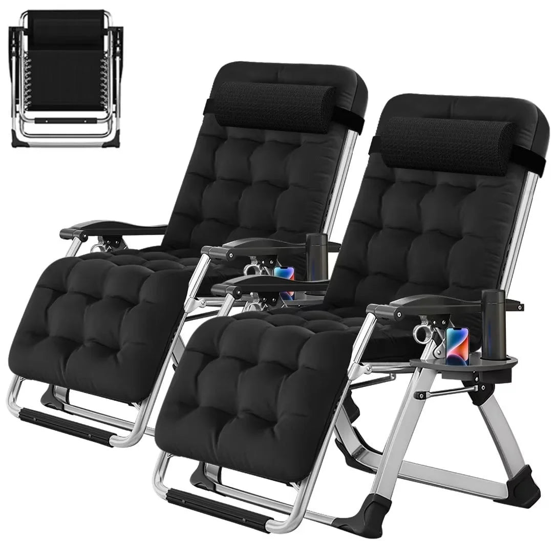 NAIZEA 2 Pack Zero Gravity Chair, Foldable Portable Lawn Recliner with Cushion, Headrest, Cup Holder, Black