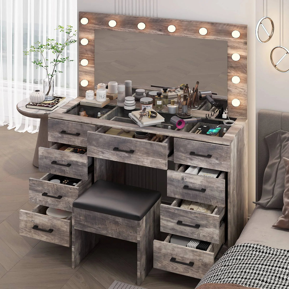 Ktaxon Large Makeup Vanity, Vanity Table Set w/ Visible Glass Top w/ Charging Station, White