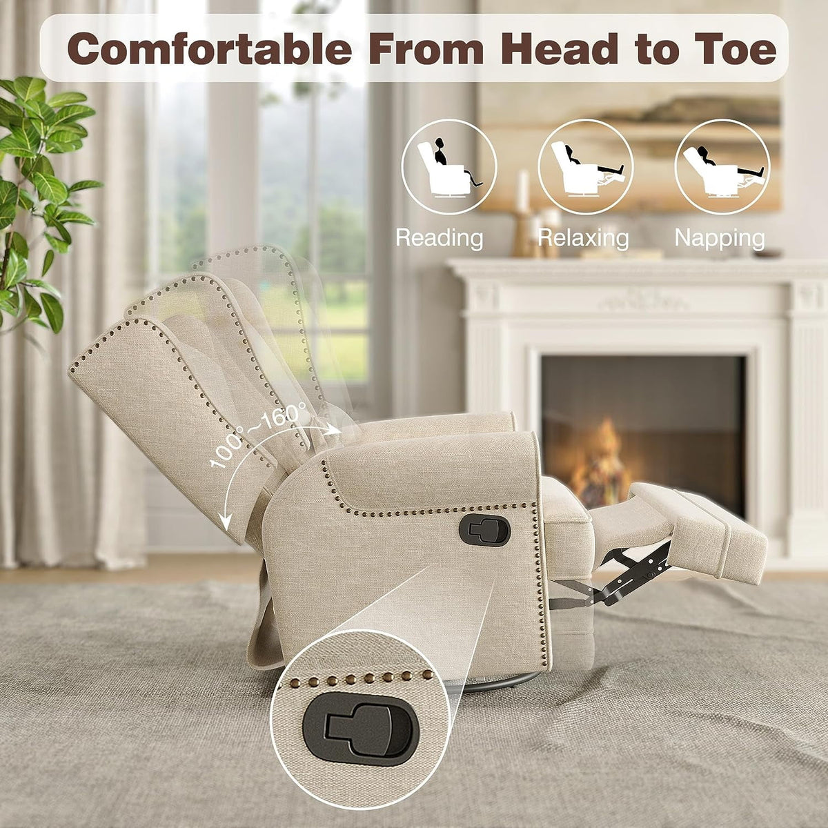 Royalcraft Swivel Nursery Glider Recliner, Comfy Upholstered Glider Chair with Lumbar Pillow and Footrest, Beige