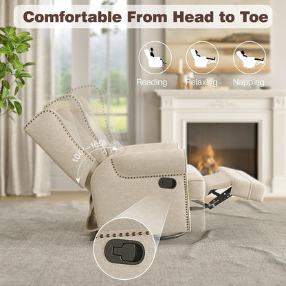 Royalcraft Swivel Nursery Glider Recliner, Comfy Upholstered Glider Chair with Lumbar Pillow and Footrest, Beige