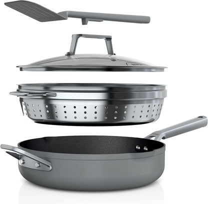 Ninja NeverStick PossiblePan, Premium Set with 4-Quart Capacity Pan, Steamer/Strainer Basket, Glass Lid & Integrated Spatula