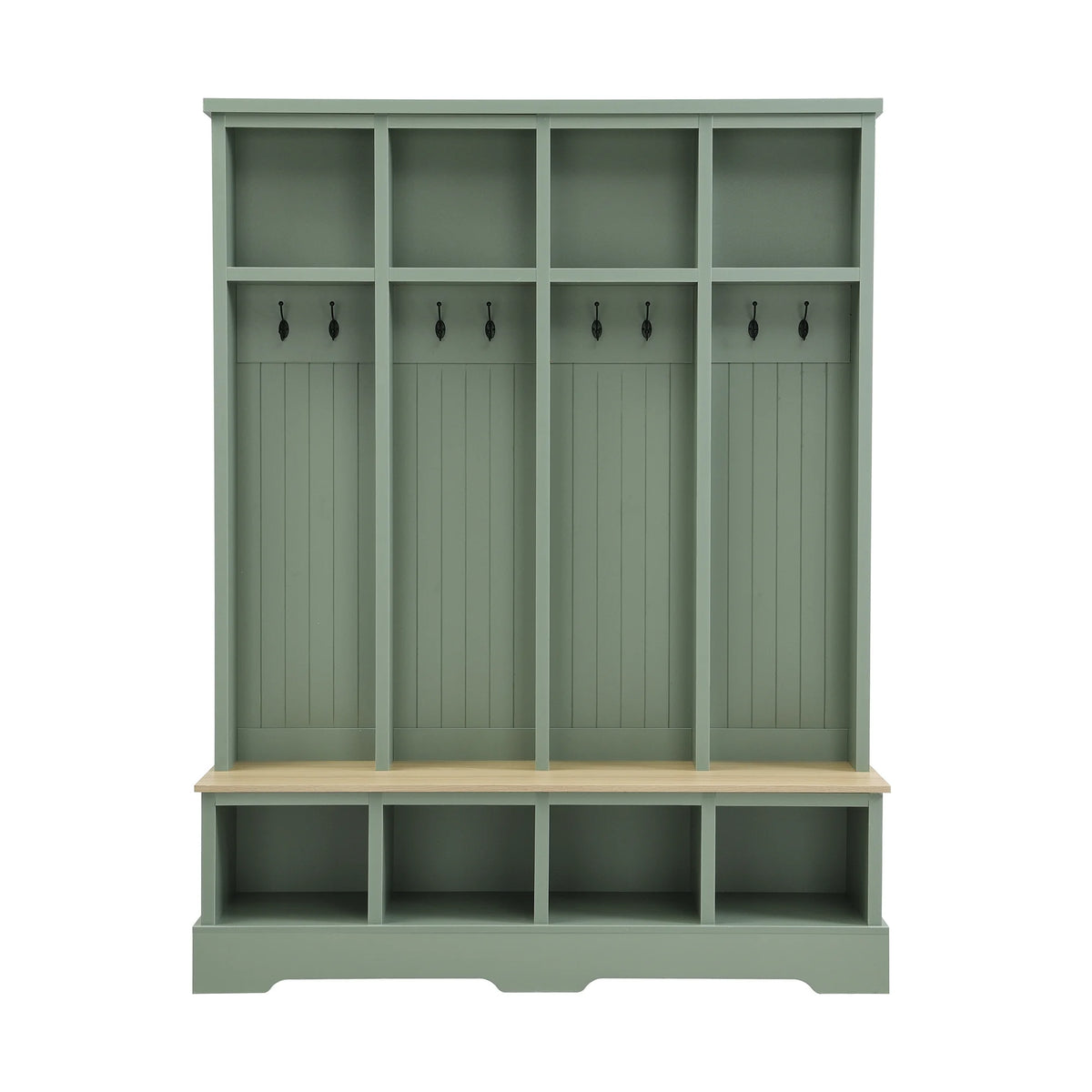 Euroco Farmhouse 59"W Wide Hall Tree with 8 Hooks, Practical Entryway Bench with Open Compartments, 76.7"H Modern 3-in-1 Wooden Style Coat and Shoe Rack for Mudroom, Living Room, Green