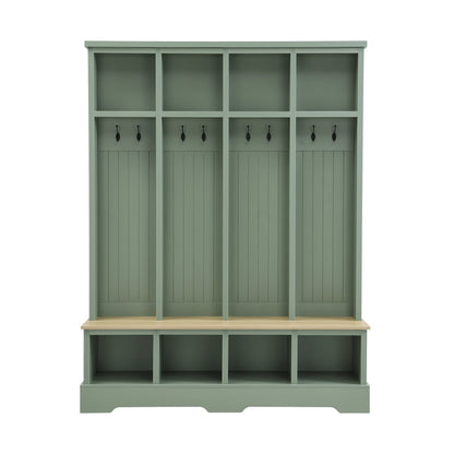 Euroco Farmhouse 59"W Wide Hall Tree with 8 Hooks, Practical Entryway Bench with Open Compartments, 76.7"H Modern 3-in-1 Wooden Style Coat and Shoe Rack for Mudroom, Living Room, Green
